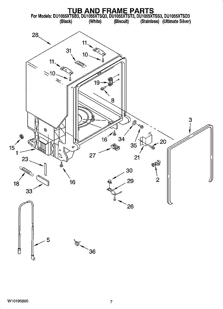 TUB AND FRAME PARTS Diagram and Parts List for  Whirlpool Dishwasher