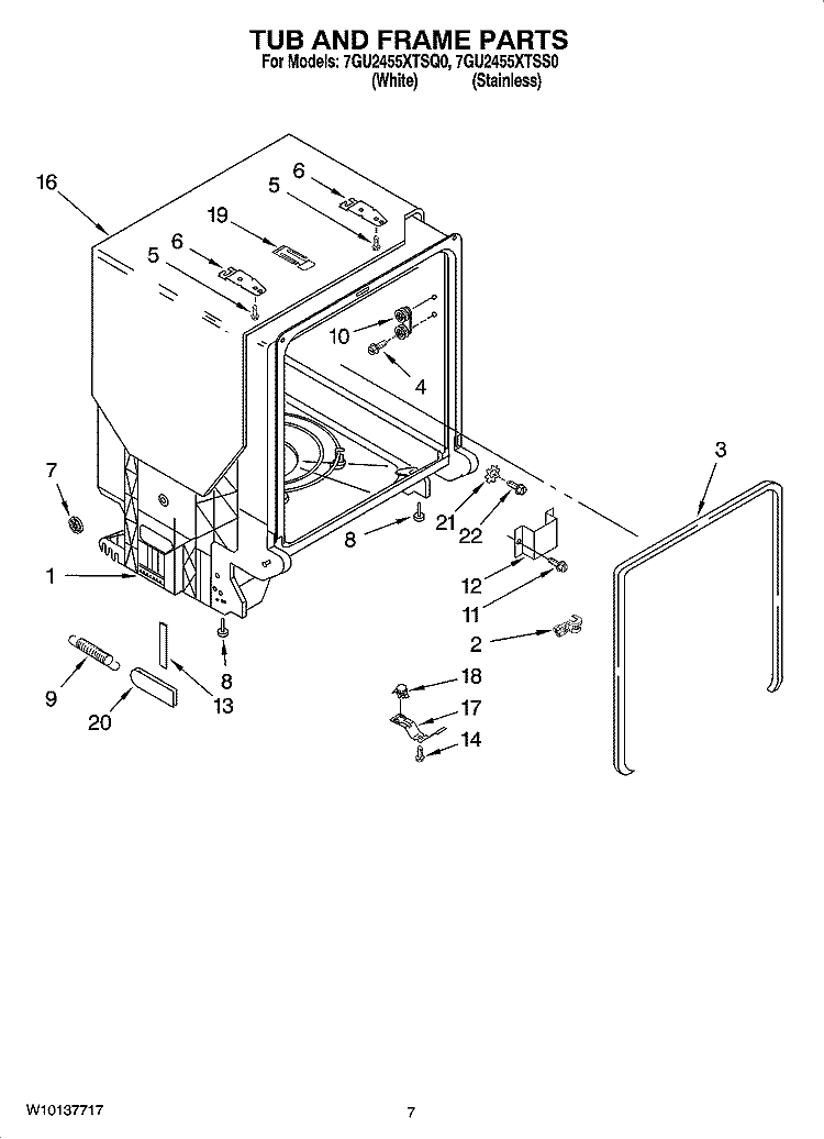 TUB AND FRAME PARTS Diagram and Parts List for  Whirlpool Dishwasher
