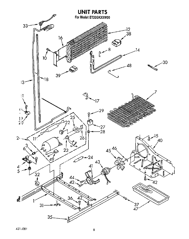 UNIT Diagram and Parts List for ET20GKXXW00  Whirlpool Refrigerator