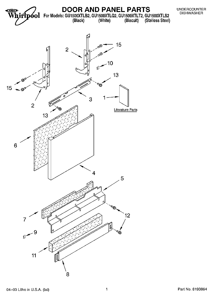 DOOR AND PANEL PARTS Diagram and Parts List for  Whirlpool Dishwasher