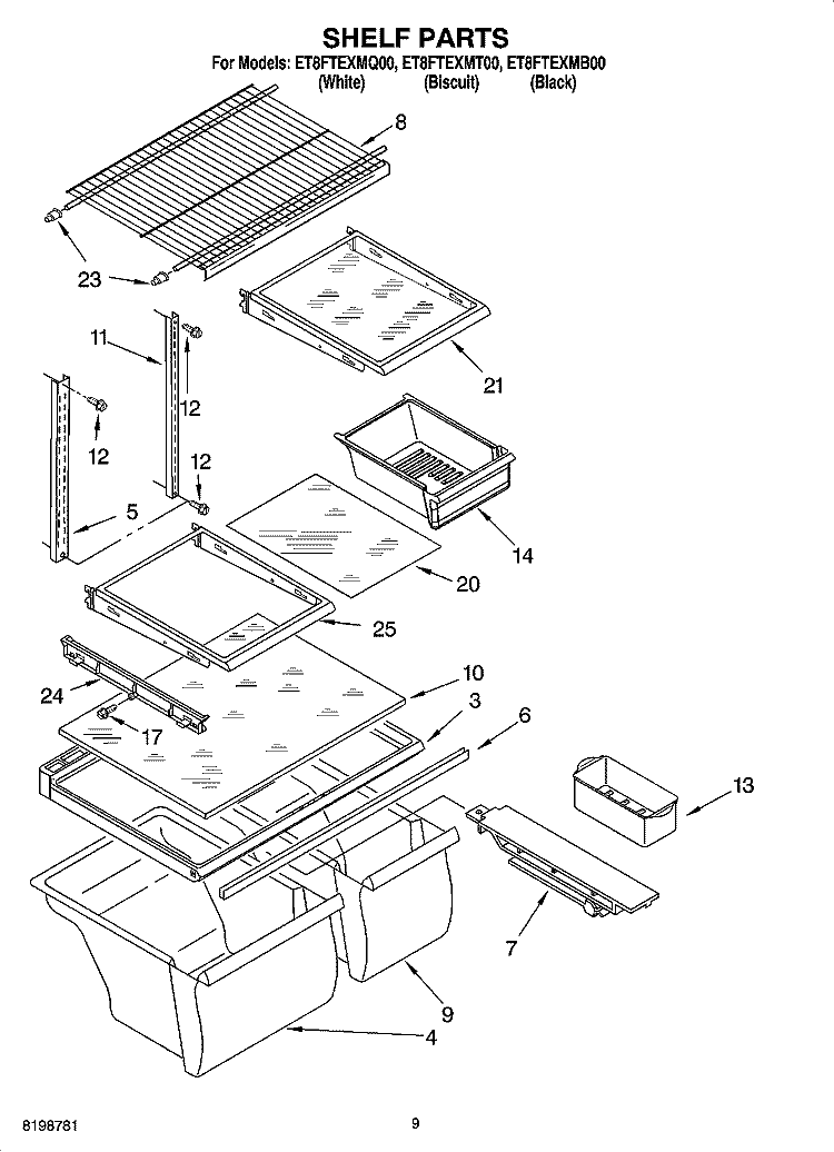 SHELF PARTS, OPTIONAL PARTS Diagram and Parts List for ET8FTEXMQ00  Whirlpool Refrigerator