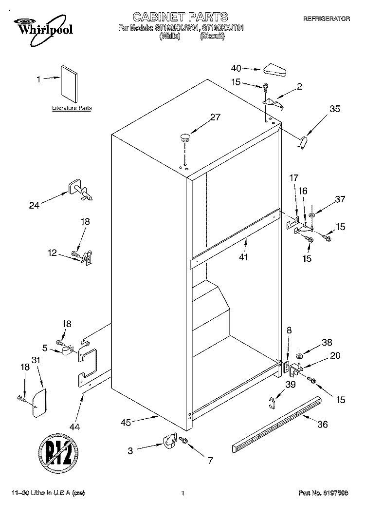 CABINET, LITERATURE Diagram and Parts List for GT19DKXJW01  Whirlpool Refrigerator