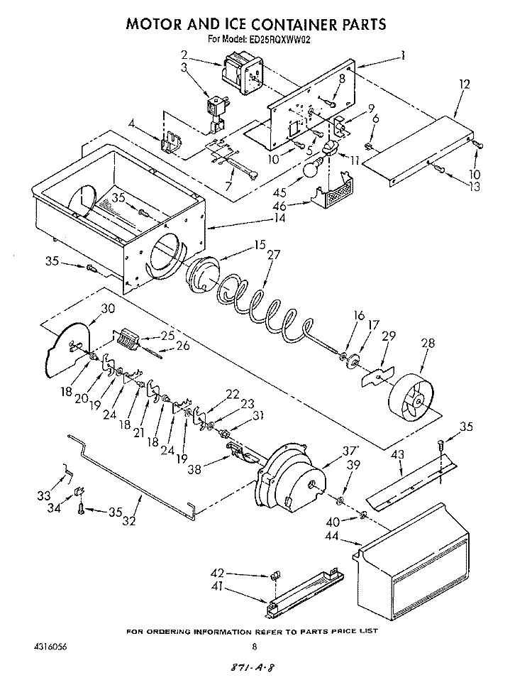 MOTOR AND ICE CONTAINER Diagram and Parts List for ED25RQXWW02  Whirlpool Refrigerator