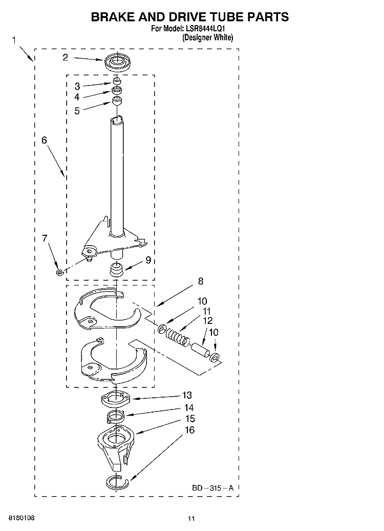 BRAKE AND DRIVE TUBE PARTS Diagram and Parts List for  Whirlpool Washer