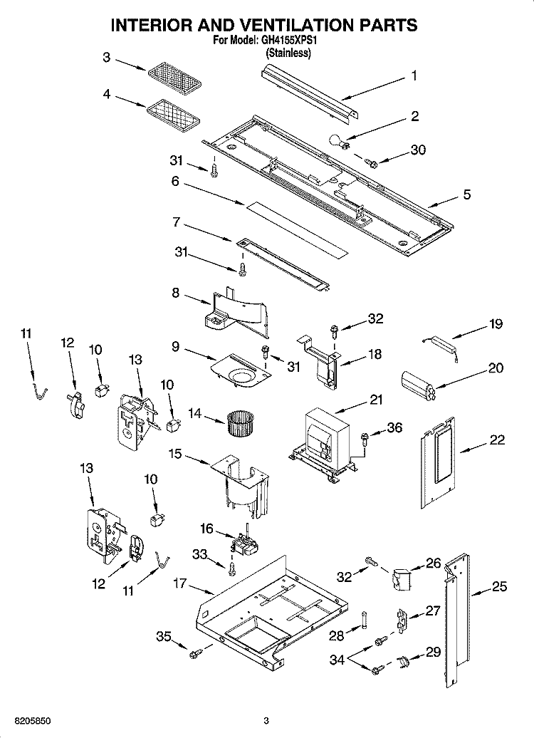 INTERIOR AND VENTILATION PARTS Diagram and Parts List for  Whirlpool Microwave