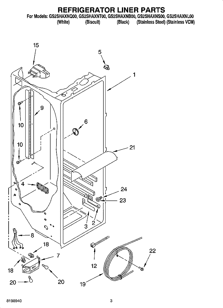 REFRIGERATOR LINER PARTS Diagram and Parts List for GS2SHAXNL00  Whirlpool Refrigerator
