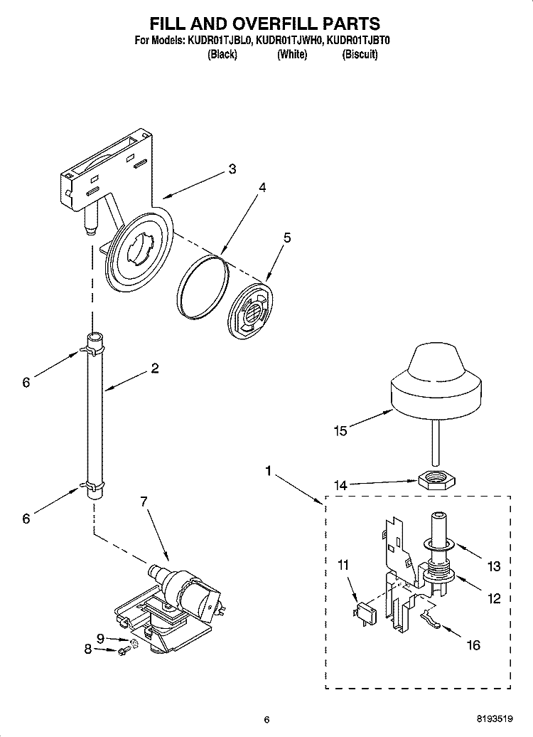 FILL AND OVERFILL PARTS Diagram and Parts List for  KitchenAid Dishwasher