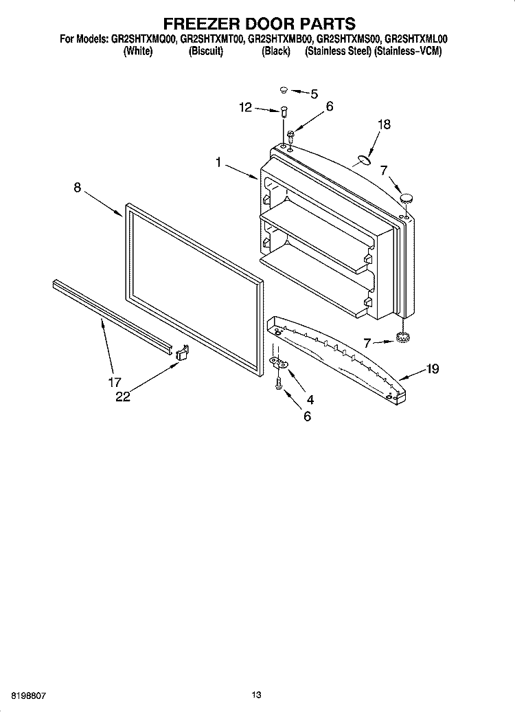 FREEZER DOOR PARTS Diagram and Parts List for GR2SHTXMB00  Whirlpool Refrigerator