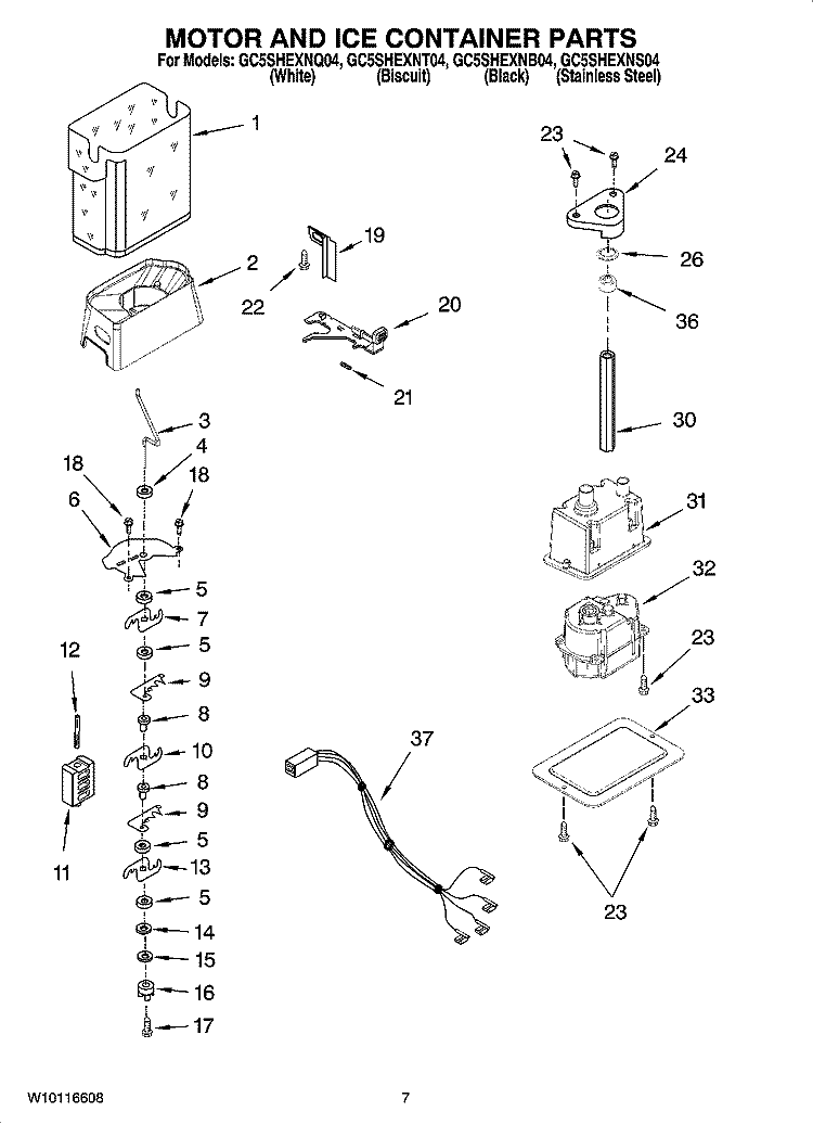 MOTOR AND ICE CONTAINER PARTS Diagram and Parts List for GC5SHEXNQ04  Whirlpool Refrigerator
