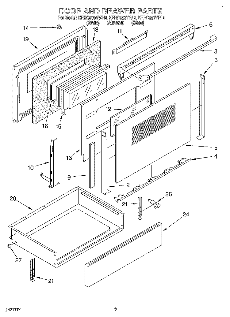DOOR AND DRAWER Diagram and Parts List for  KitchenAid Range