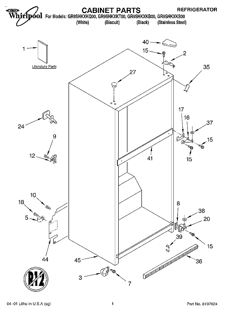 CABINET, LITERATURE Diagram and Parts List for GR9SHKXKB00  Whirlpool Refrigerator
