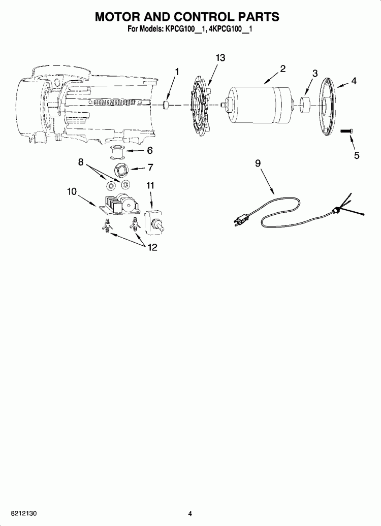 MOTOR AND CONTROL PARTS Diagram and Parts List for  KitchenAid Coffee Grinder
