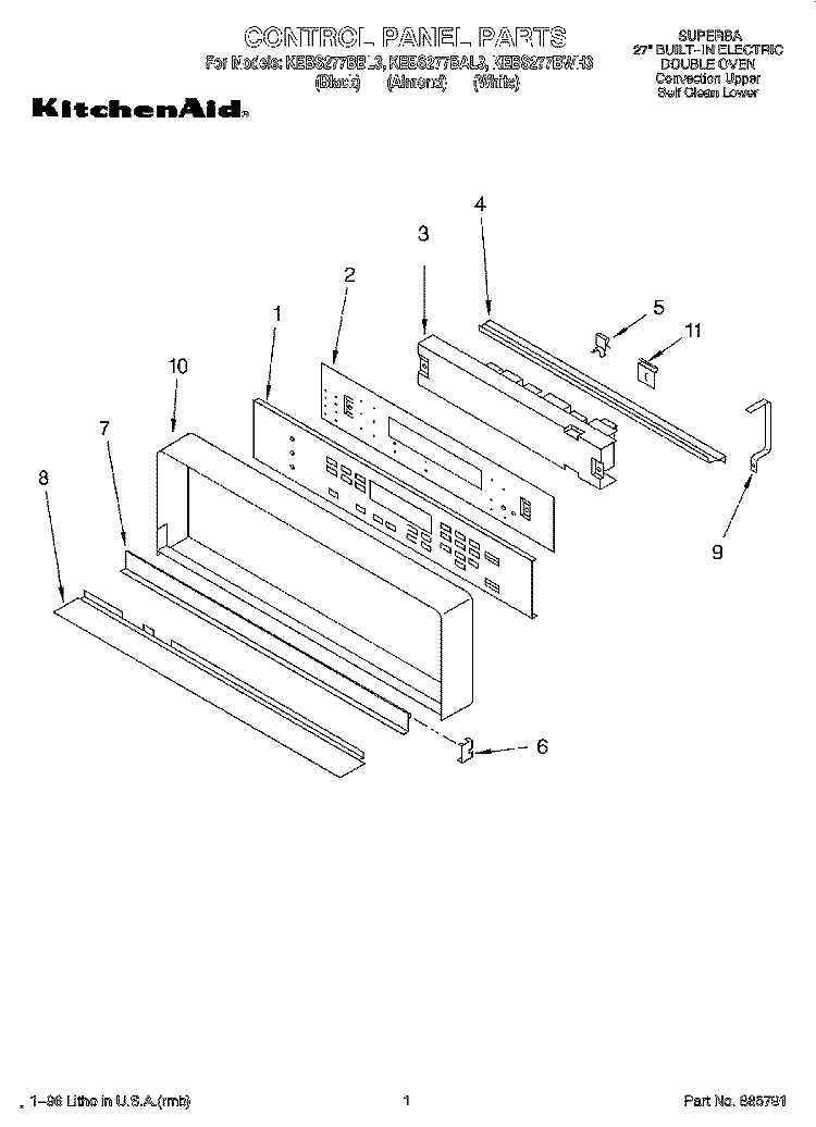 CONTROL PANEL, LIT/OPTIONAL Diagram and Parts List for KEBS277BBL3  KitchenAid Wall Oven