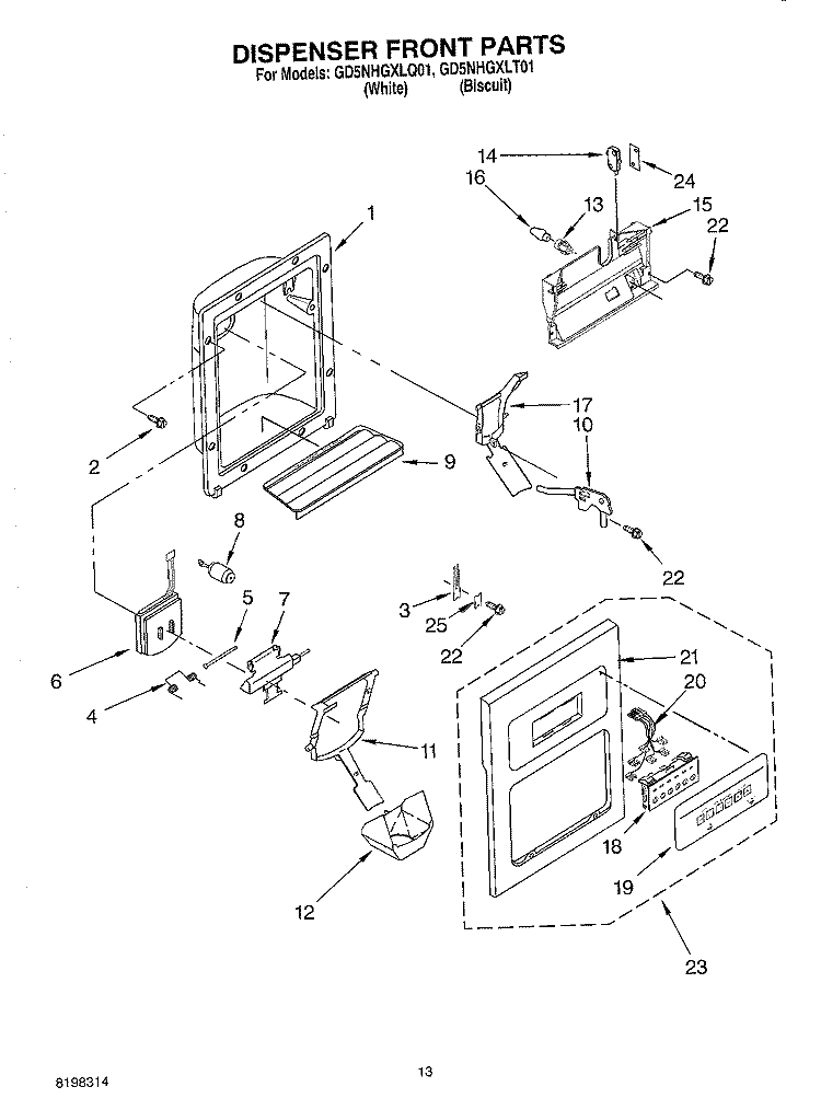 DISPENSER FRONT Diagram and Parts List for GD5NHGXLT01  Whirlpool Refrigerator
