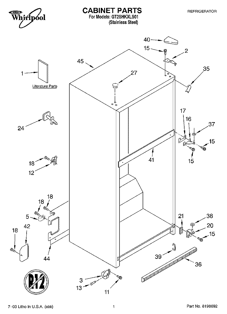 CABINET PARTS Diagram and Parts List for GT2SHKXLS01  Whirlpool Refrigerator