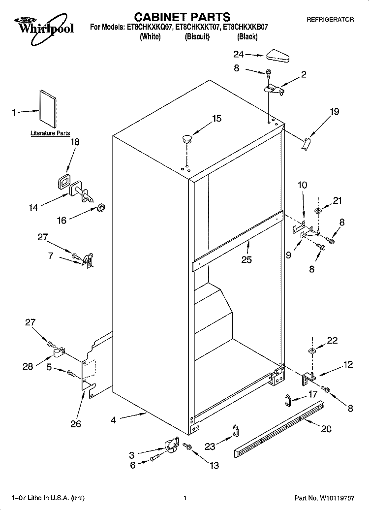 CABINET PARTS Diagram and Parts List for ET8CHKXKB07  Whirlpool Refrigerator