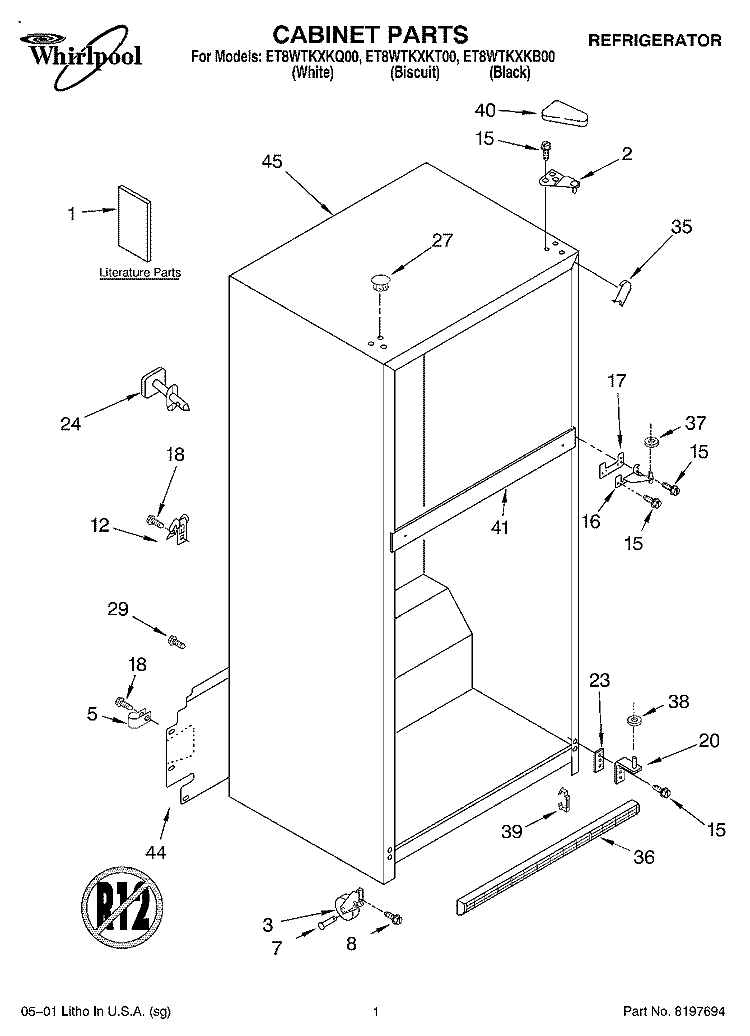 CABINET, LITERATURE Diagram and Parts List for ET8WTKXKT00  Whirlpool Refrigerator