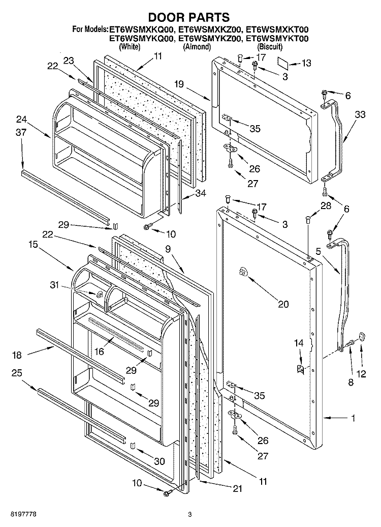 DOOR Diagram and Parts List for ET6WSMYKT00  Whirlpool Refrigerator