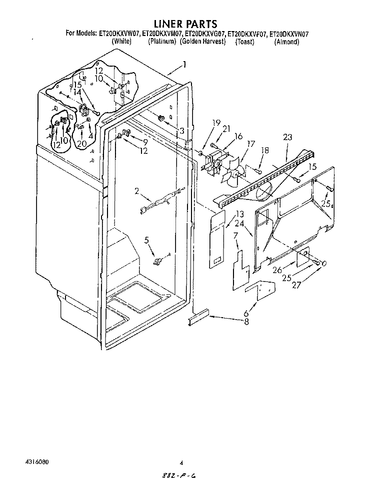 LINER Diagram and Parts List for ET20DKXVF07  Whirlpool Refrigerator