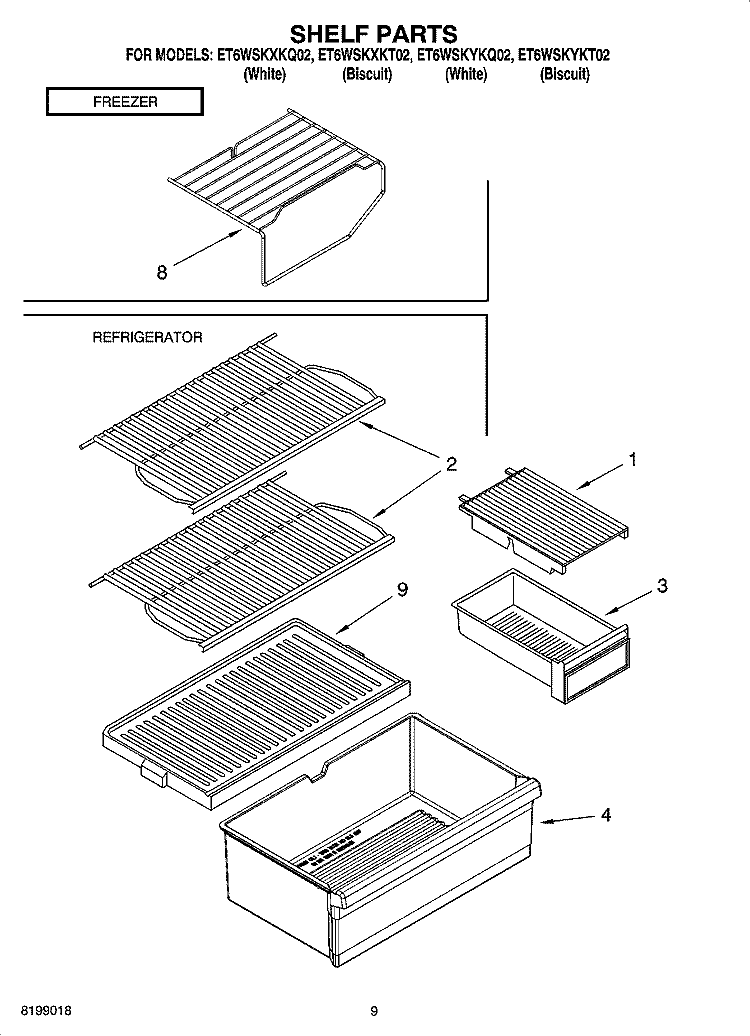 SHELF PARTS, OPTIONAL PARTS Diagram and Parts List for ET6WSKYKT02  Whirlpool Refrigerator