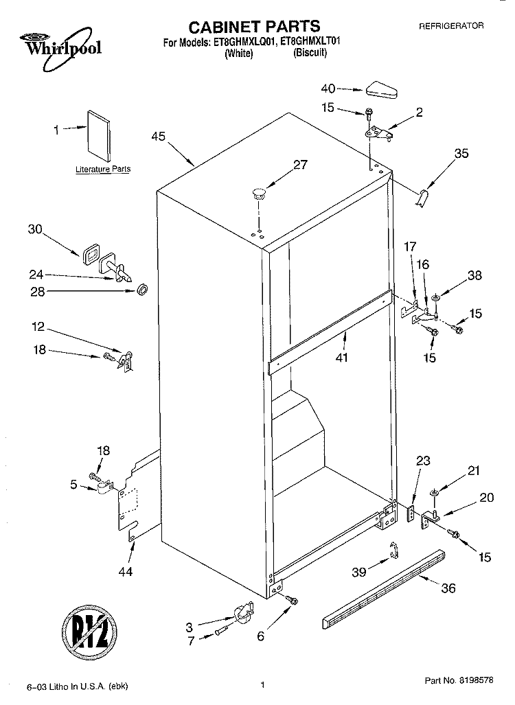CABINET PARTS Diagram and Parts List for ET8GHMXLQ01  Whirlpool Refrigerator