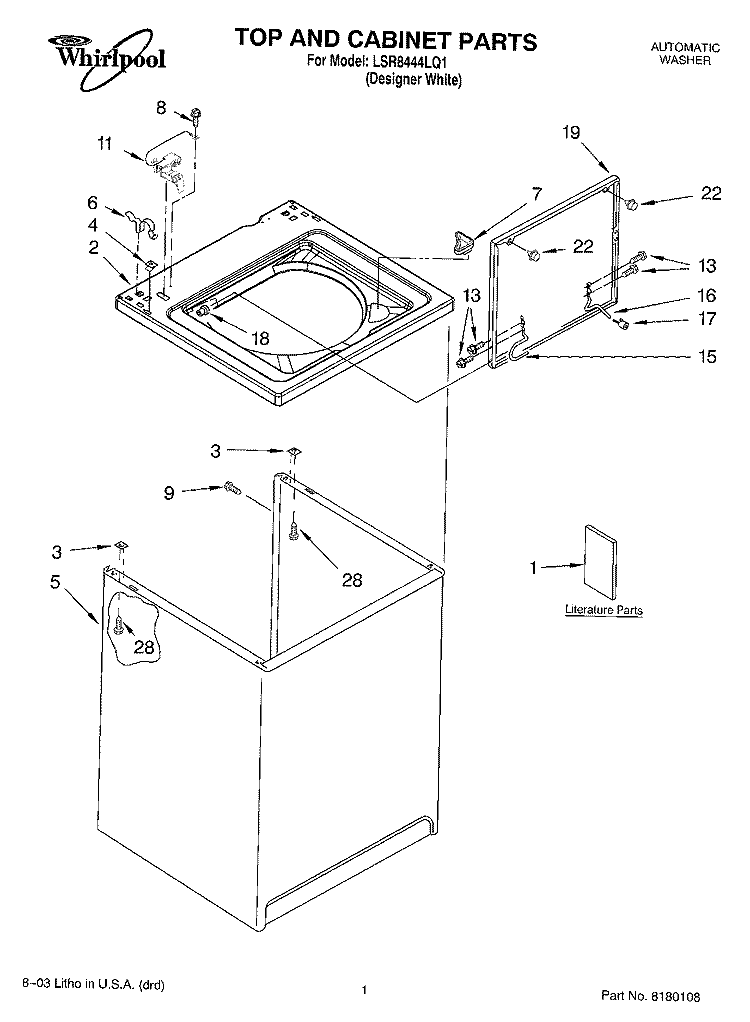 TOP AND CABINET PARTS Diagram and Parts List for  Whirlpool Washer