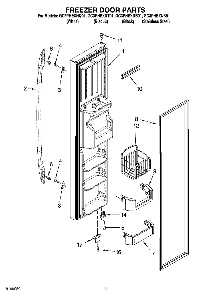 FREEZER DOOR PARTS Diagram and Parts List for GC3PHEXNB01  Whirlpool Refrigerator