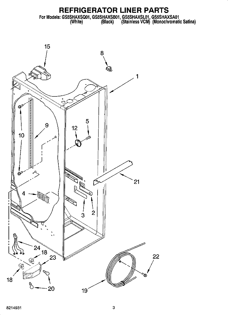 REFRIGERATOR LINER PARTS Diagram and Parts List for GS5SHAXSB01  Whirlpool Refrigerator