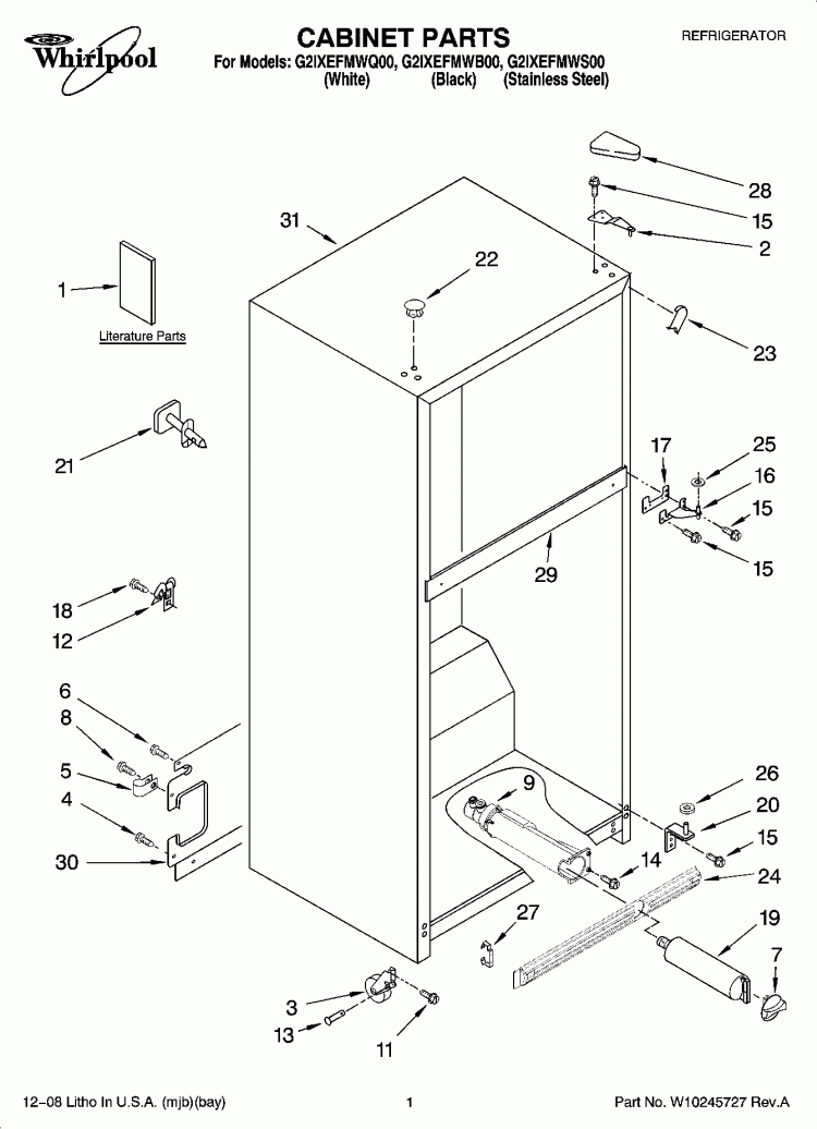CABINET PARTS Diagram and Parts List for G2IXEFMWQ00  Whirlpool Refrigerator