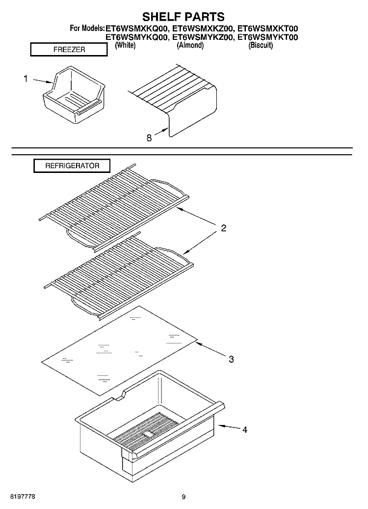 SHELF Diagram and Parts List for ET6WSMYKT00  Whirlpool Refrigerator