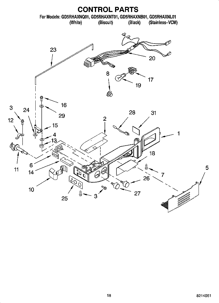 CONTROL PARTS Diagram and Parts List for GD5RHAXNL01  Whirlpool Refrigerator