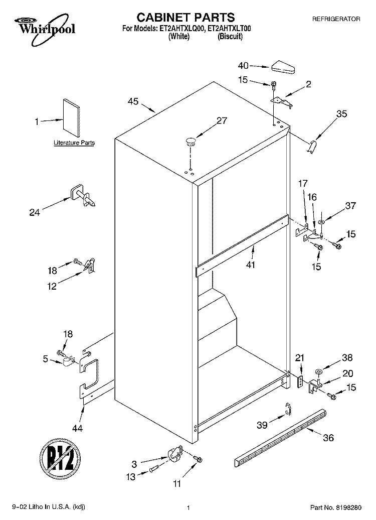 CABINET, LITERATURE Diagram and Parts List for ET2AHTXLT00  Whirlpool Refrigerator
