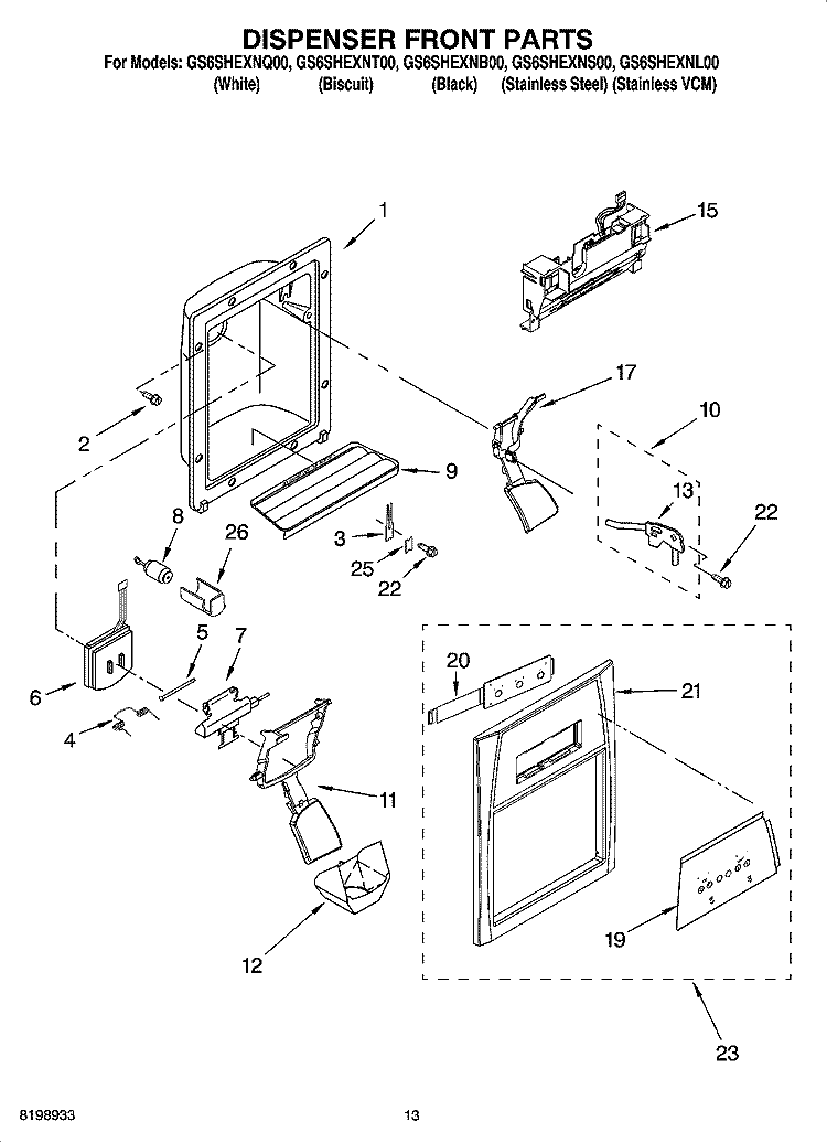 DISPENSER FRONT PARTS Diagram and Parts List for GS6SHEXNB00  Whirlpool Refrigerator