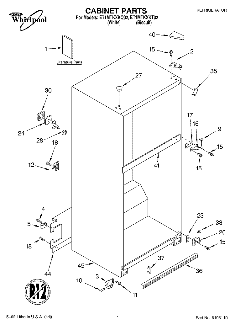 CABINET, LITERATURE Diagram and Parts List for ET1MTKXKQ02  Whirlpool Refrigerator