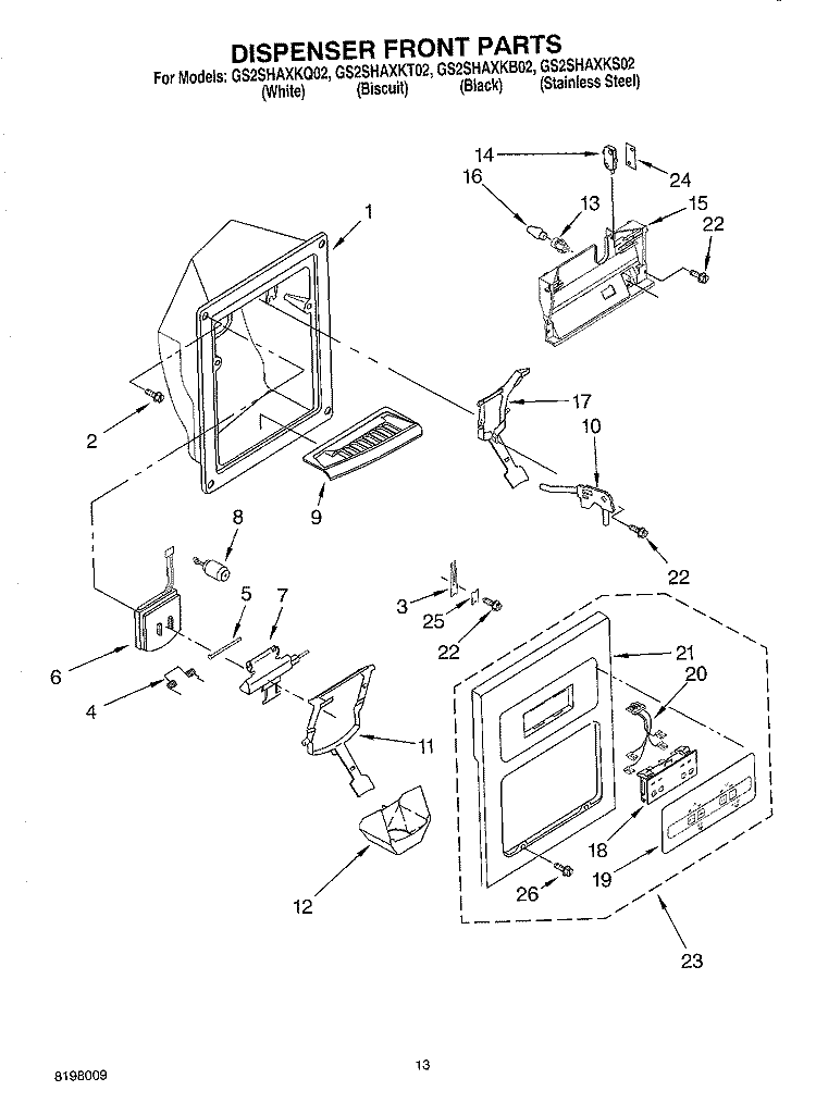 DISPENSER FRONT PARTS Diagram and Parts List for GS2SHAXKS02  Whirlpool Refrigerator
