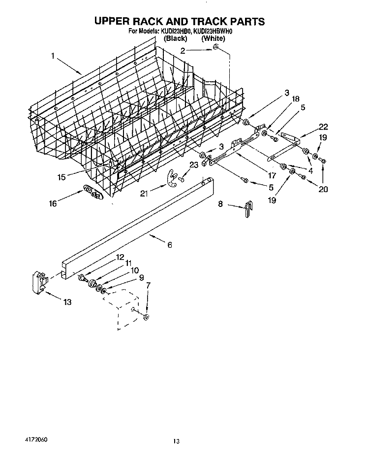 UPPER RACK AND TRACK Diagram and Parts List for  KitchenAid Dishwasher