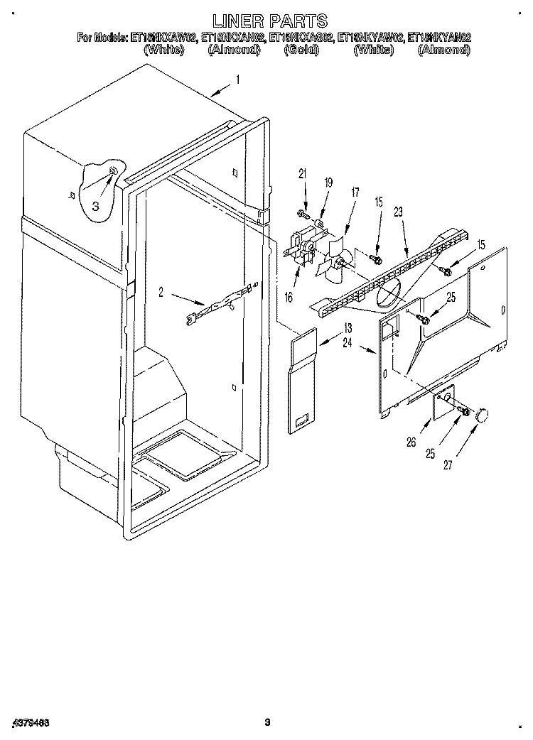 LINER Diagram and Parts List for ET18NKYAN02  Whirlpool Refrigerator