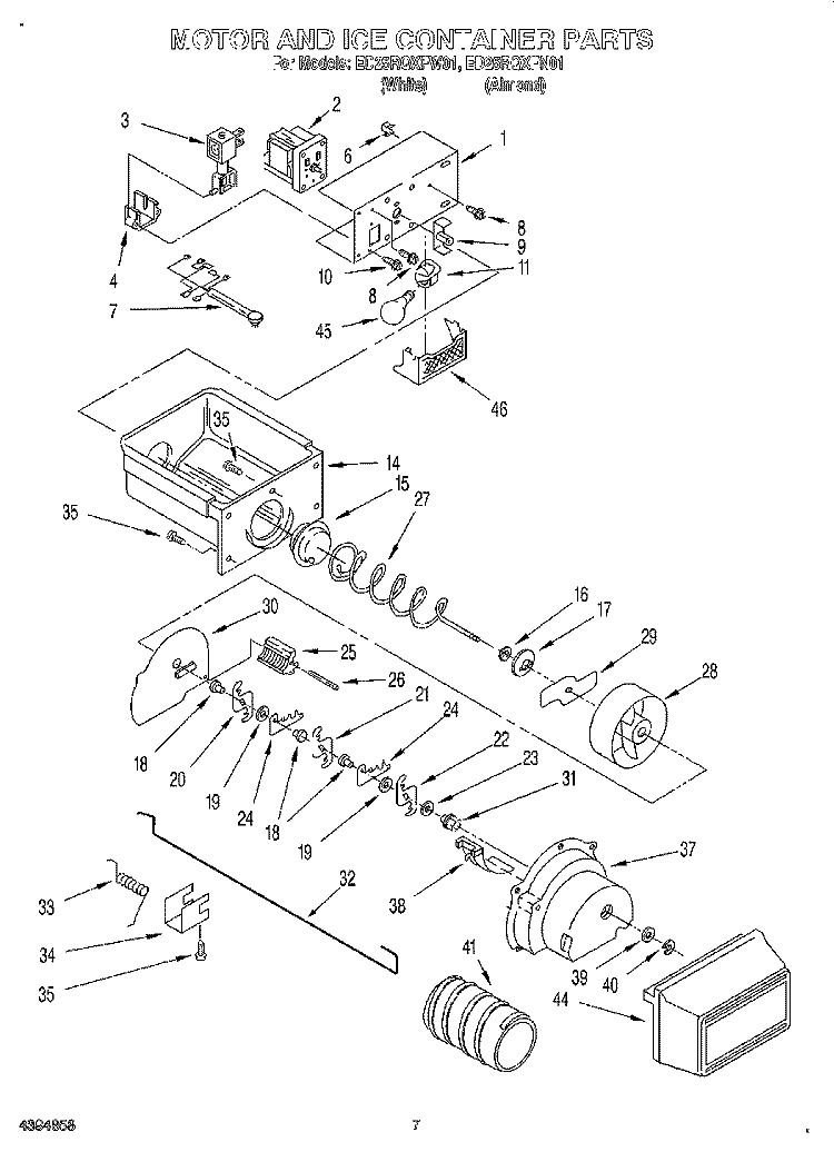 MOTOR AND ICE CONTAINER Diagram and Parts List for ED25RQXFW01  Whirlpool Refrigerator