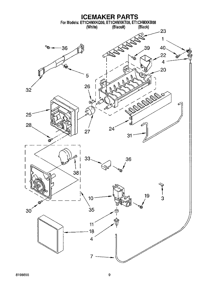 ICEMAKER PARTS Diagram and Parts List for ET1CHMXKB08  Whirlpool Refrigerator