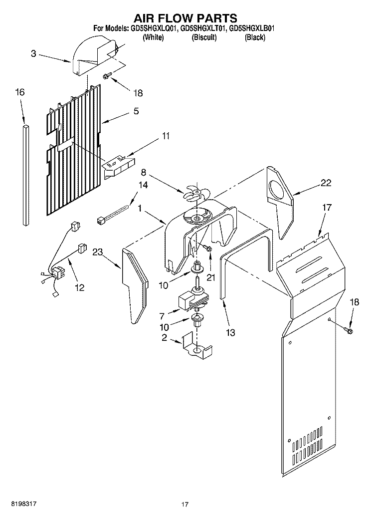 AIR FLOW PARTS Diagram and Parts List for GD5SHGXLT01  Whirlpool Refrigerator