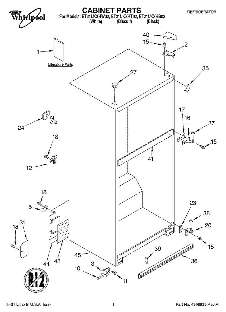 CABINET, LITERATURE Diagram and Parts List for ET21LKXHB02  Whirlpool Refrigerator