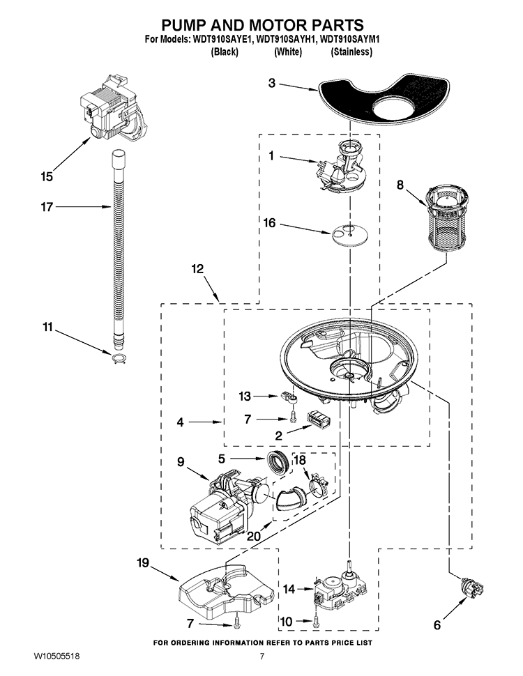 PUMP AND MOTOR PARTS Diagram and Parts List for  Whirlpool Dishwasher