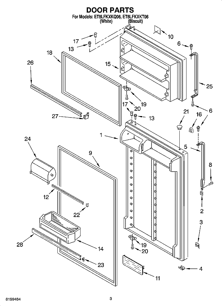 DOOR PARTS Diagram and Parts List for ET8LFKXKT06  Whirlpool Refrigerator