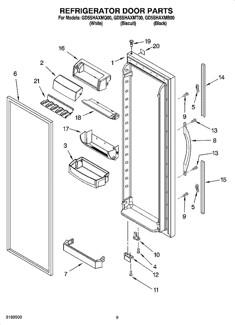 REFRIGERATOR DOOR PARTS Diagram and Parts List for GD5SHAXMB00  Whirlpool Refrigerator