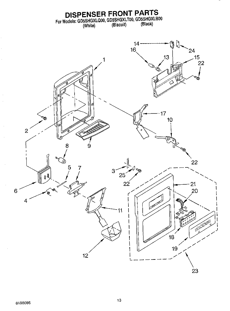 DISPENSER FRONT Diagram and Parts List for GD5SHGXLQ00  Whirlpool Refrigerator