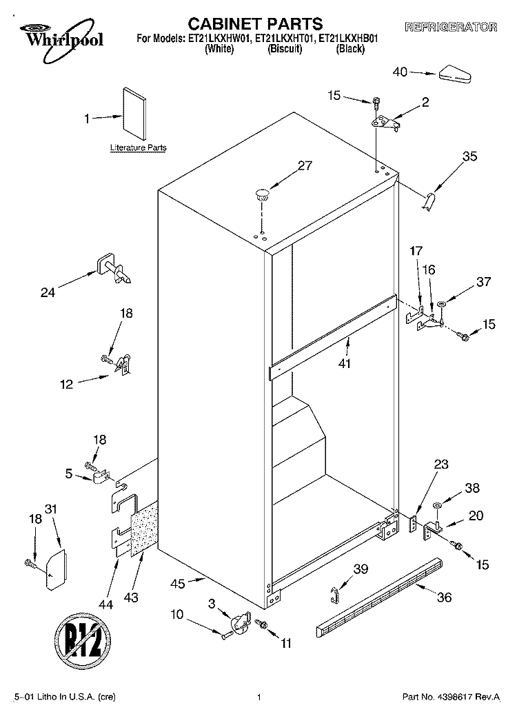 CABINET, LITERATURE Diagram and Parts List for ET21LKXHT01  Whirlpool Refrigerator