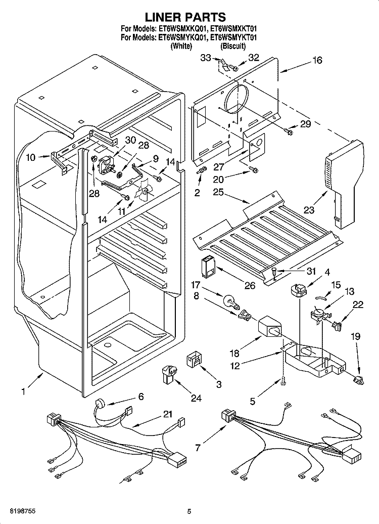 LINER PARTS Diagram and Parts List for ET6WSMYKQ01  Whirlpool Refrigerator