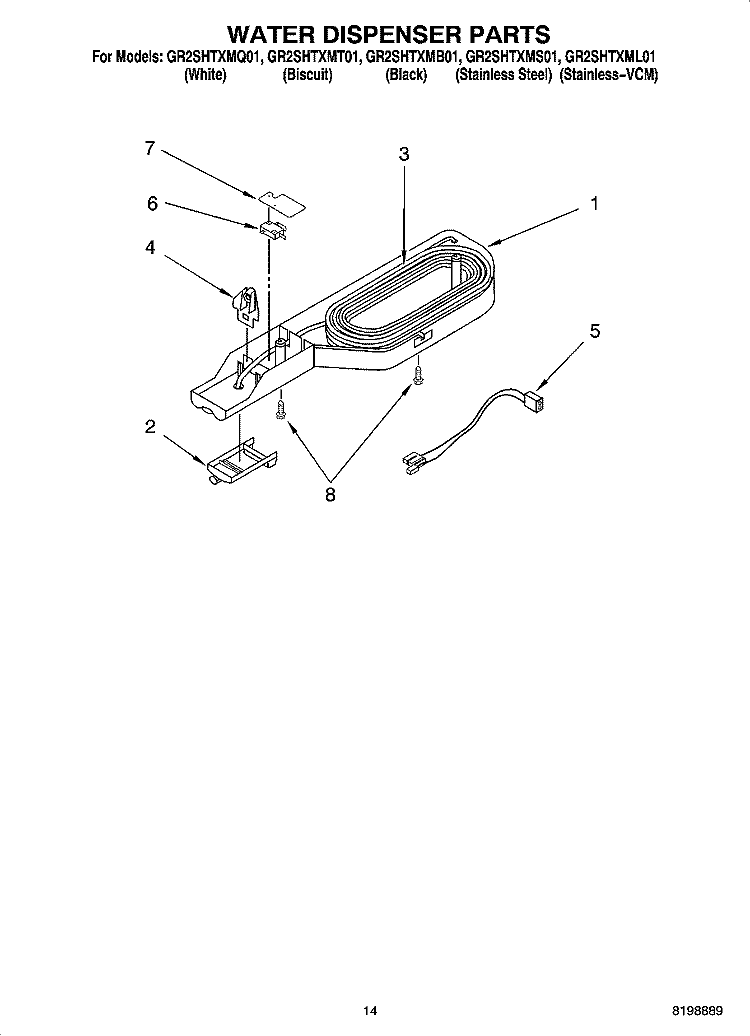 WATER DISPENSER PARTS, OPTIONAL PARTS Diagram and Parts List for GR2SHTXMB01  Whirlpool Refrigerator