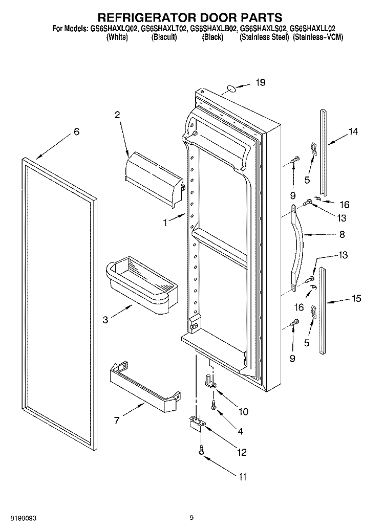 REFRIGERATOR DOOR Diagram and Parts List for GS6SHAXLS02  Whirlpool Refrigerator