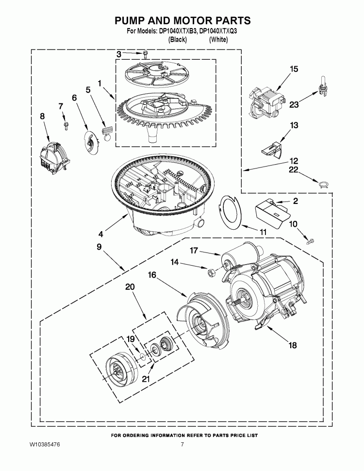 PUMP AND MOTOR PARTS Diagram and Parts List for  Whirlpool Dishwasher